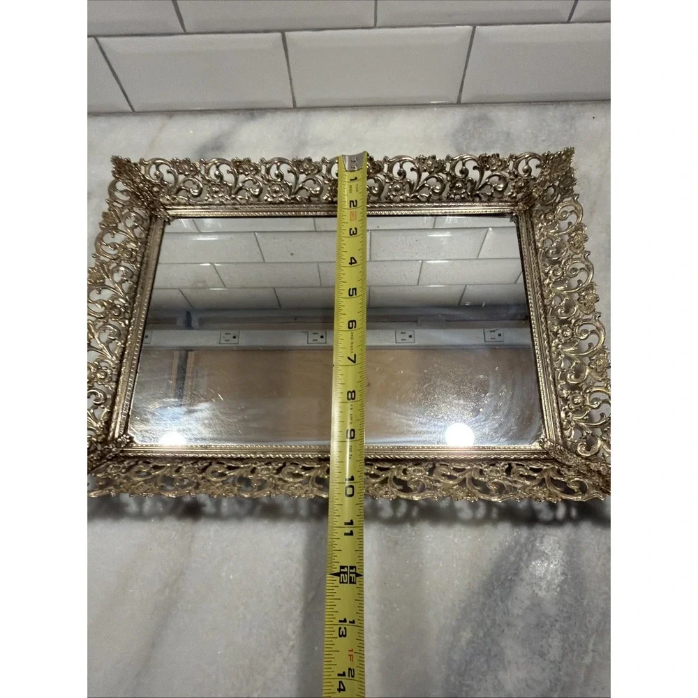 VTG Filigree Metal Gold Tone Footed Hollywood Regency Vanity Tray Mirror A002